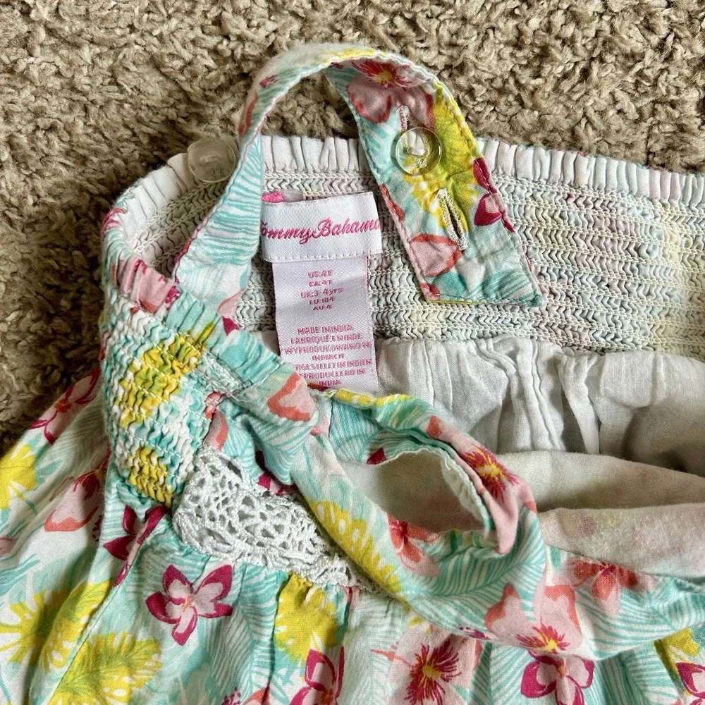 Tommy Bahama‎ Girls 4T Tropical Floral Tiered Crochet Lace Smocked Sundress Blue